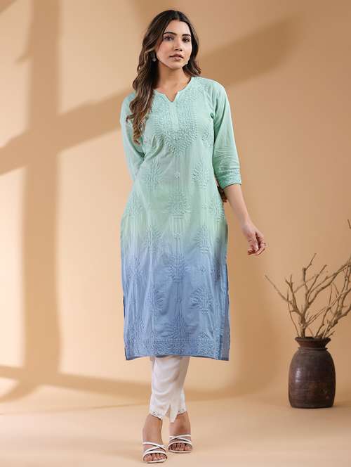 women notch neck chikankari straight kurta - 21746699 -  Standard Image - 0