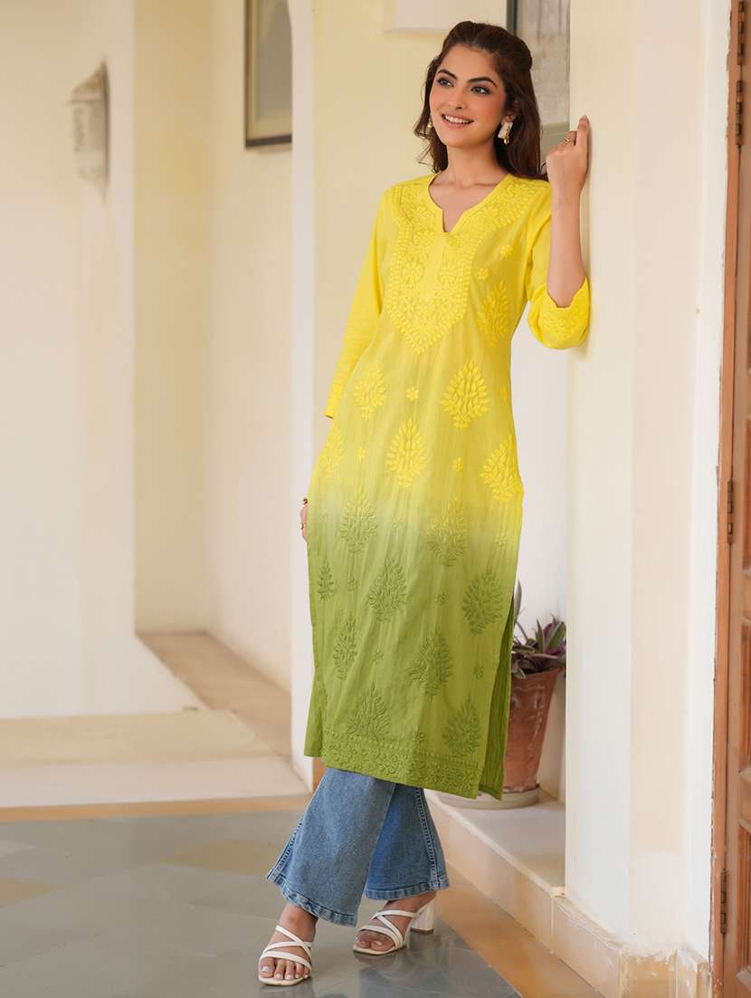 women notch neck chikankari straight kurta - 21746700 - Standard Image - 3