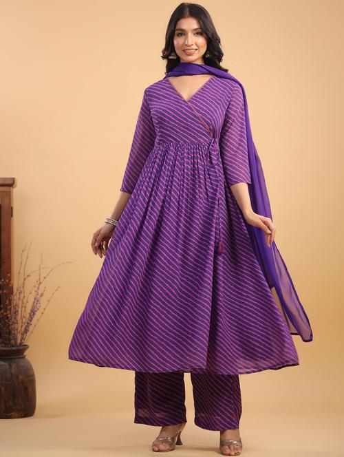 women leheriya printed kurta pant set with dupatta - 21746748 - Standard Image - 0