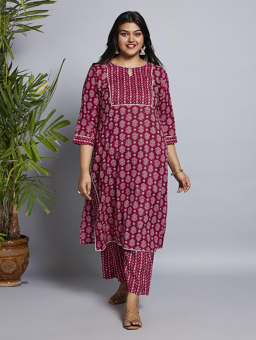 gloplus women pink keyhole neck floral printed gotta lace detail straight plus size kurta & pants workwear set - 21746844 - Zoom Image - 0