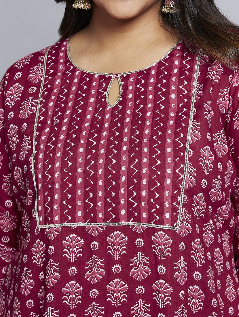 gloplus women pink keyhole neck floral printed gotta lace detail straight plus size kurta & pants workwear set - 21746844 - Standard Image - 5