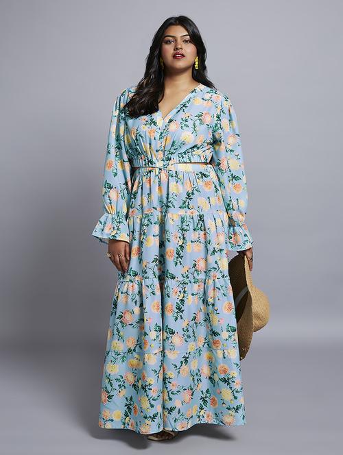 gloplus women blue floral print v-neck bishop sleeves cut-out detail tiered fit & flare plus size maxi dress - 21746880 - Standard Image - 0