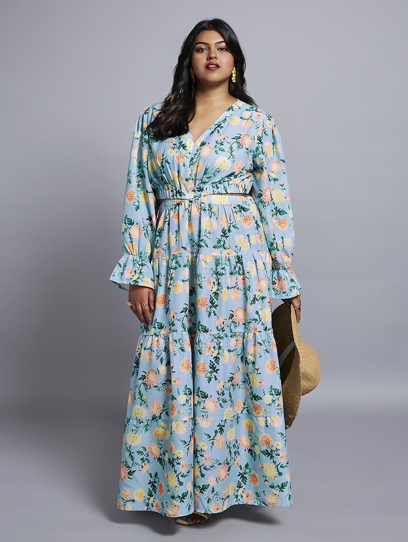 gloplus women blue floral print v-neck bishop sleeves cut-out detail tiered fit & flare plus size maxi dress - 21746880 - Zoom Image - 0
