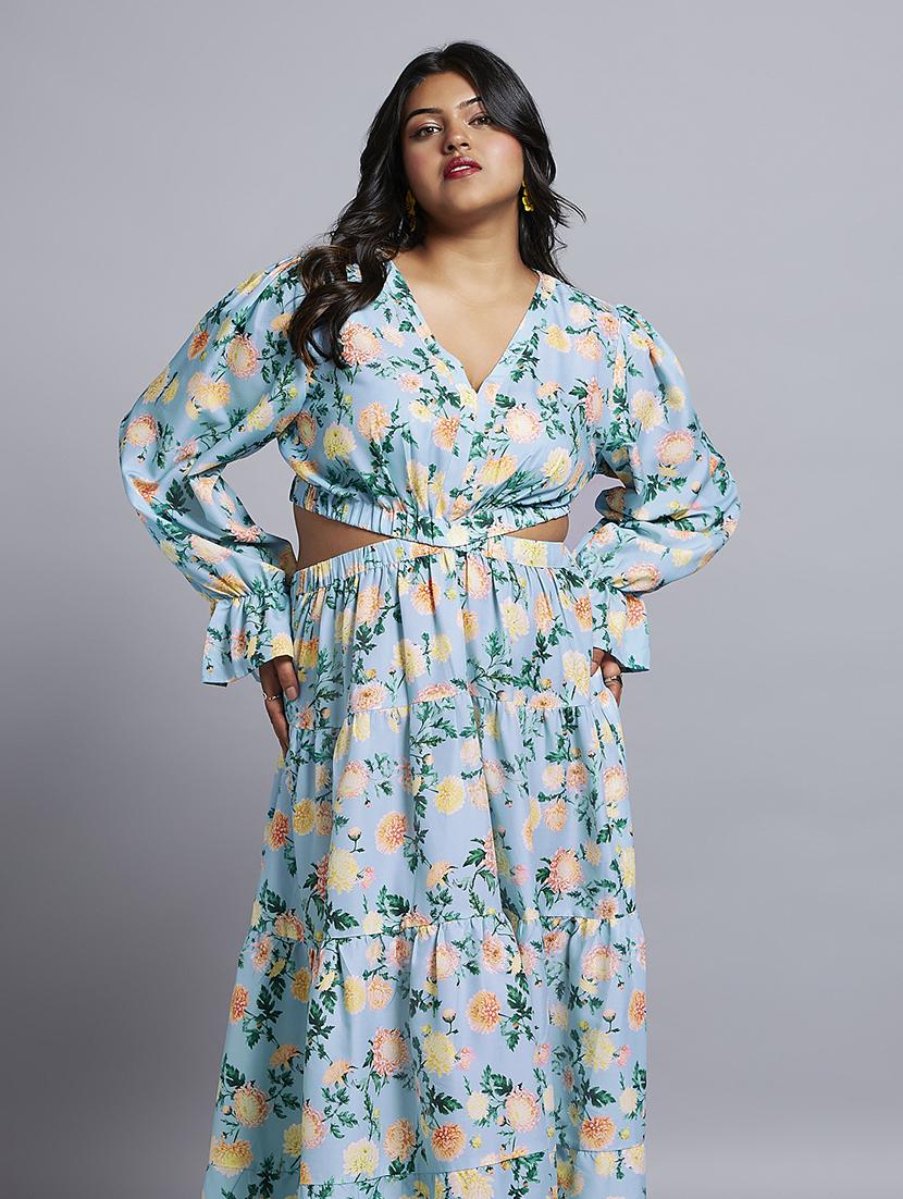 gloplus women blue floral print v-neck bishop sleeves cut-out detail tiered fit & flare plus size maxi dress - 21746880 - Standard Image - 3