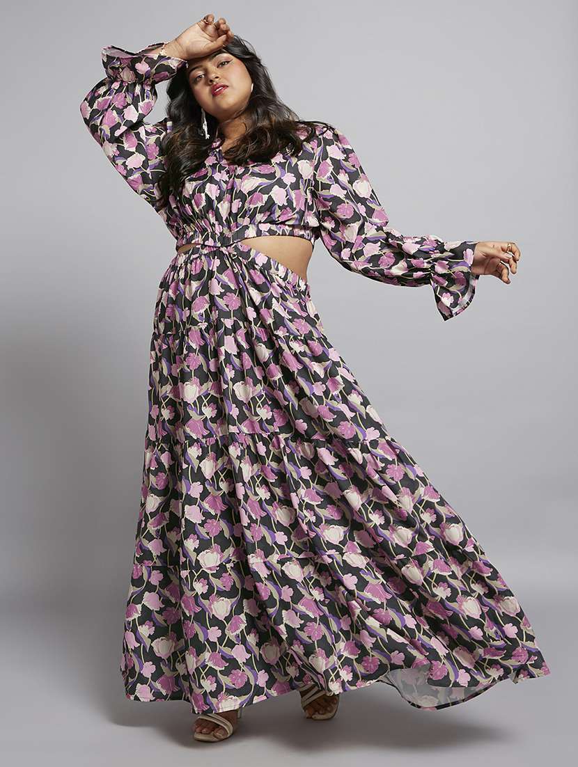 gloplus women blue floral print v-neck bishop sleeves cut-out detail tiered fit & flare plus size maxi dress - 21746881 - Zoom Image - 0
