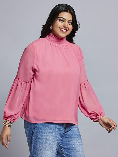 gloplus women pink tie-up high neck bishop sleeves georgette plus size workwear top - 21747116 - Standard Image - 0