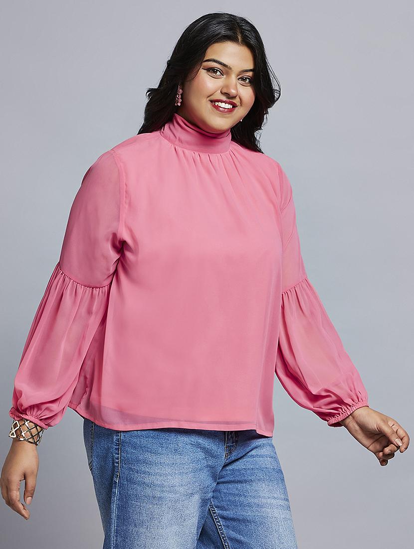 gloplus women pink tie-up high neck bishop sleeves georgette plus size workwear top - 21747116 - Zoom Image - 0