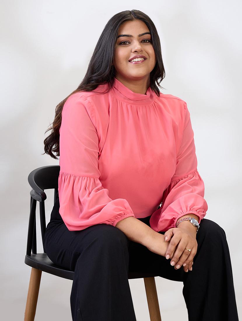 gloplus women pink tie-up high neck bishop sleeves georgette plus size workwear top - 21747116 -  Zoom Image - 0
