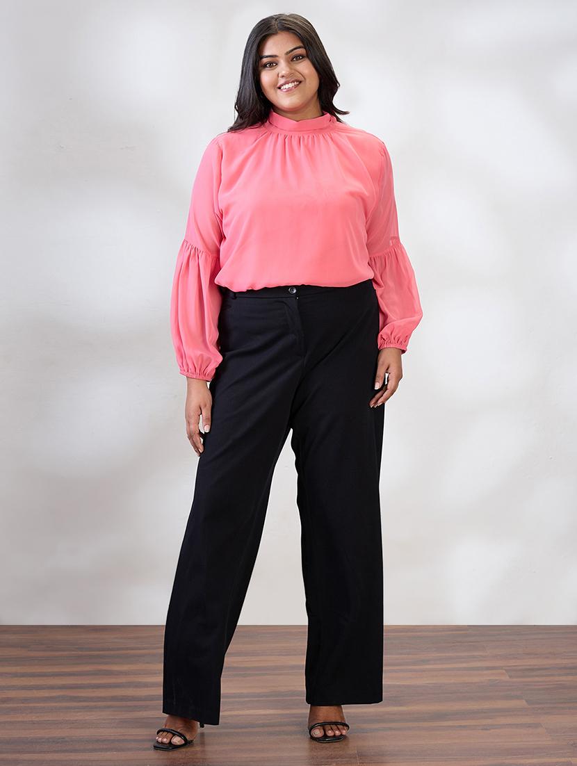 gloplus women pink tie-up high neck bishop sleeves georgette plus size workwear top - 21747116 - Standard Image - 3