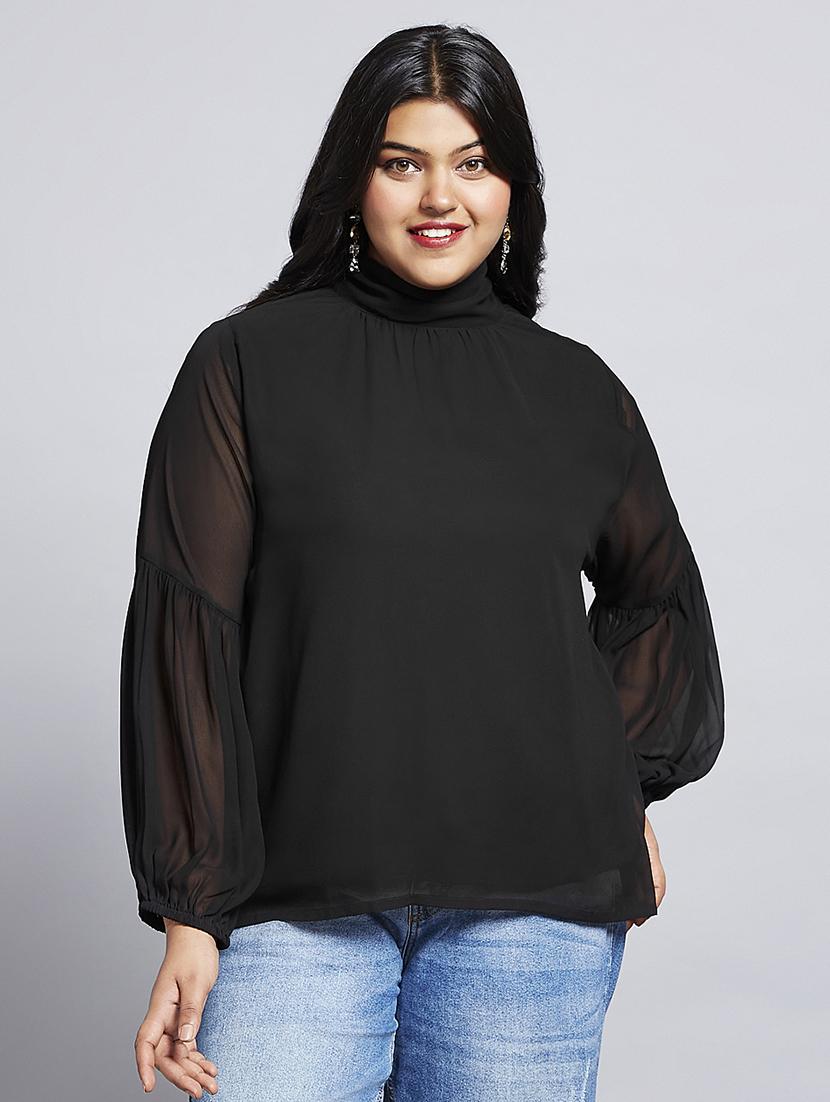 gloplus women black tie-up high neck bishop sleeves georgette plus size workwear top - 21747117 -  Zoom Image - 0