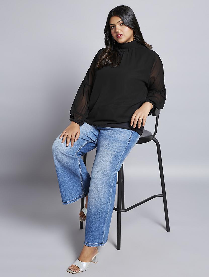 gloplus women black tie-up high neck bishop sleeves georgette plus size workwear top - 21747117 - Standard Image - 3
