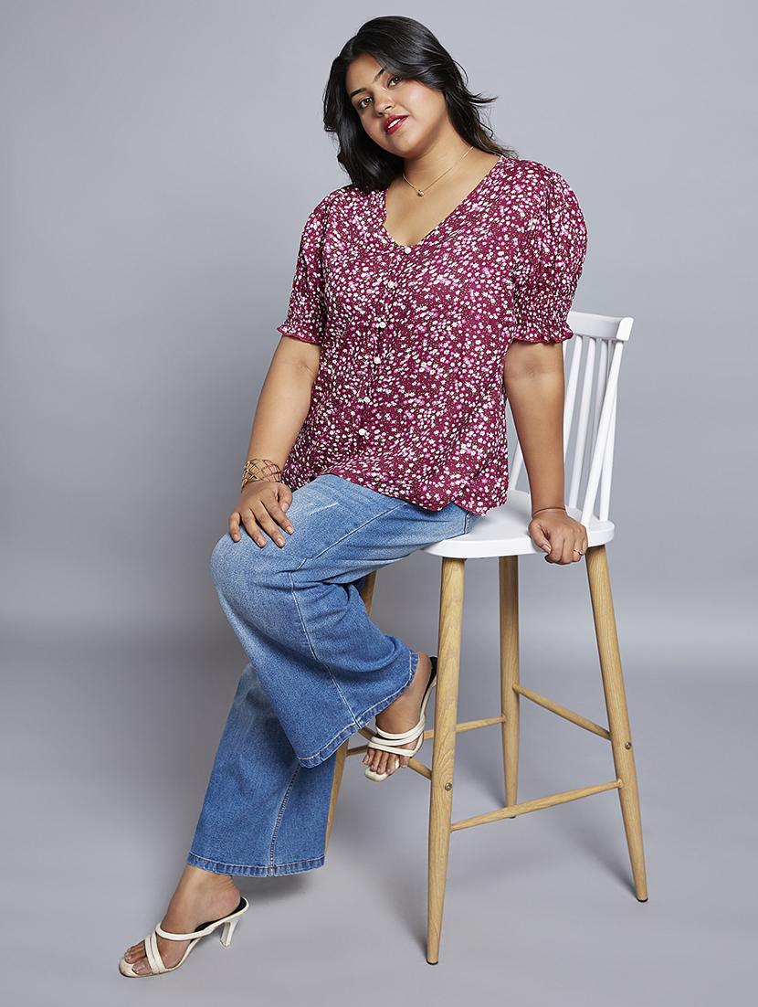 gloplus women pink floral print v-neck puff sleeves plus size workwear top - 21747118 - Standard Image - 3