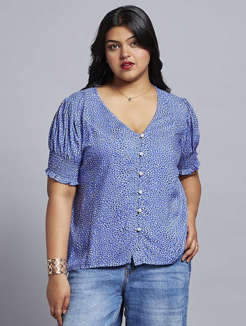 gloplus women blue abstract print v-neck puff sleeves plus size workwear top