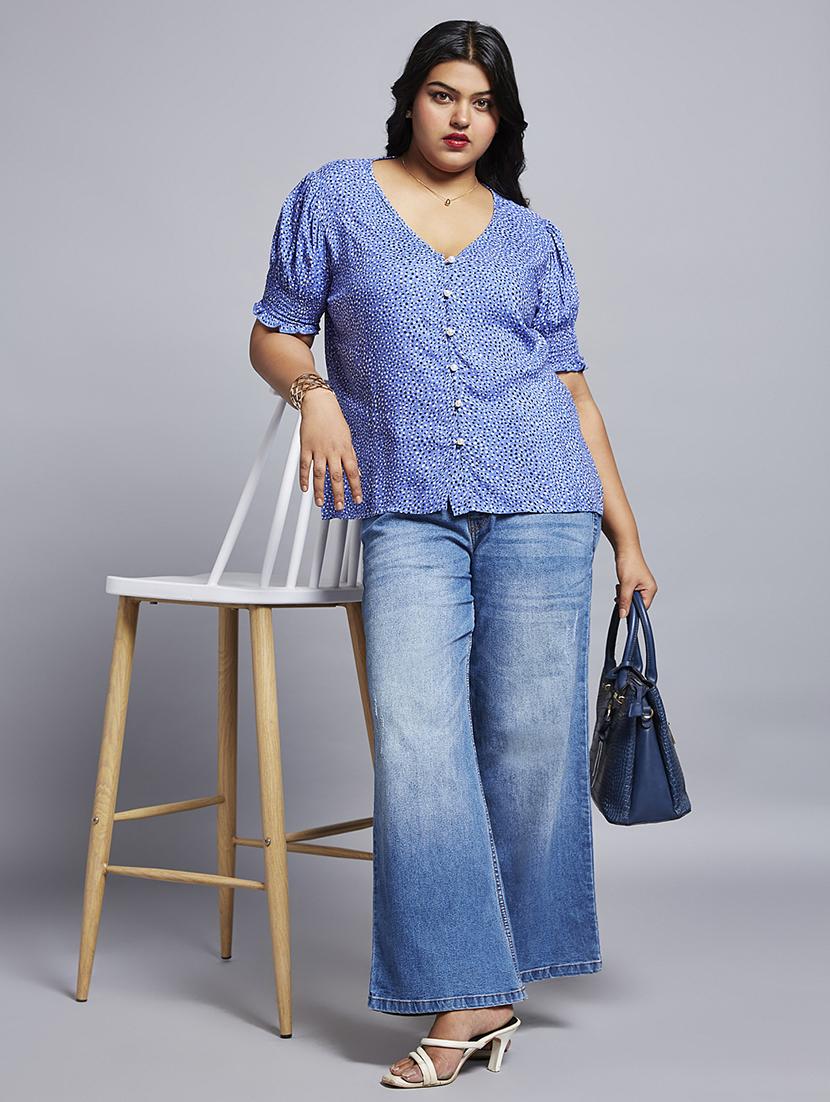 gloplus women blue abstract print v-neck puff sleeves plus size workwear top - 21747119 - Standard Image - 3