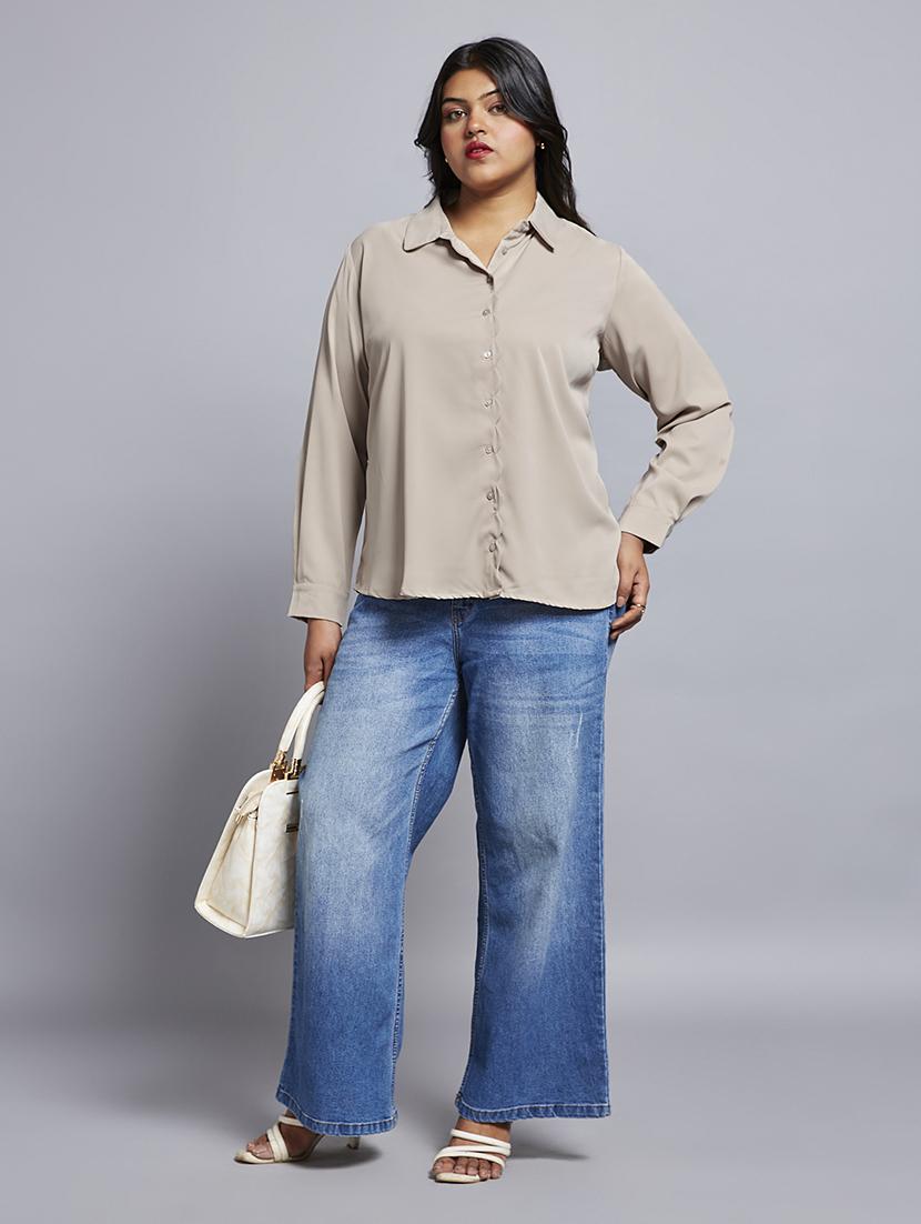 gloplus women beige collared neck cuff sleeves shirt style plus size workwear top - 21747120 - Standard Image - 5