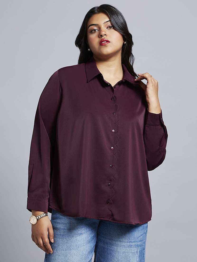 gloplus women burgundy collared neck cuff sleeves shirt style plus size workwear top - 21747121 -  Zoom Image - 0