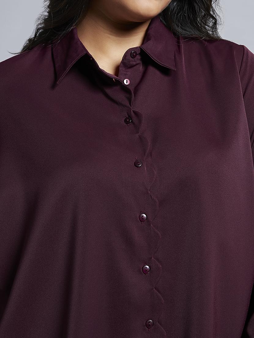 gloplus women burgundy collared neck cuff sleeves shirt style plus size workwear top - 21747121 - Standard Image - 3
