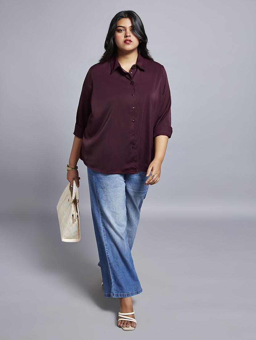 gloplus women burgundy collared neck cuff sleeves shirt style plus size workwear top - 21747121 - Standard Image - 5