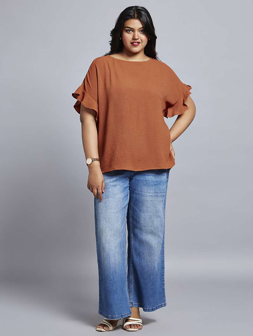 gloplus women rust round neck extended ruffle sleeves plus size workwear top - 21747122 -  Standard Image - 3
