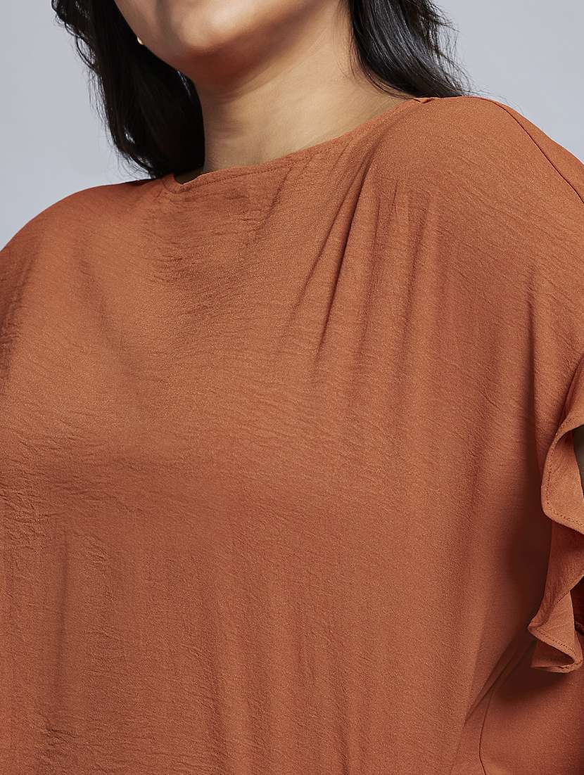 gloplus women rust round neck extended ruffle sleeves plus size workwear top - 21747122 -  Standard Image - 5