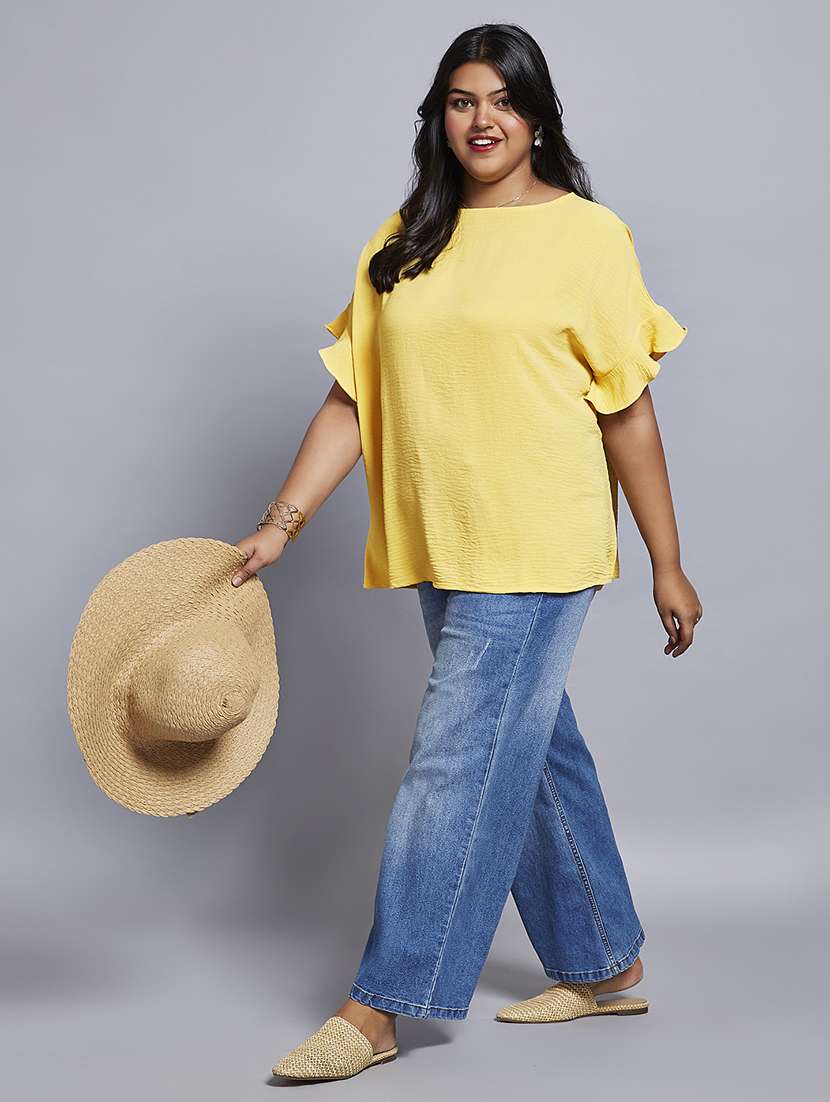 gloplus women yellow round neck extended ruffle sleeves plus size workwear top - 21747123 -  Standard Image - 3