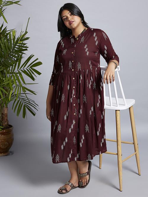 gloplus women maroon printed mandarin collar roll-up sleeves a-line midi plus size workwear dress - 21747125 - Standard Image - 0