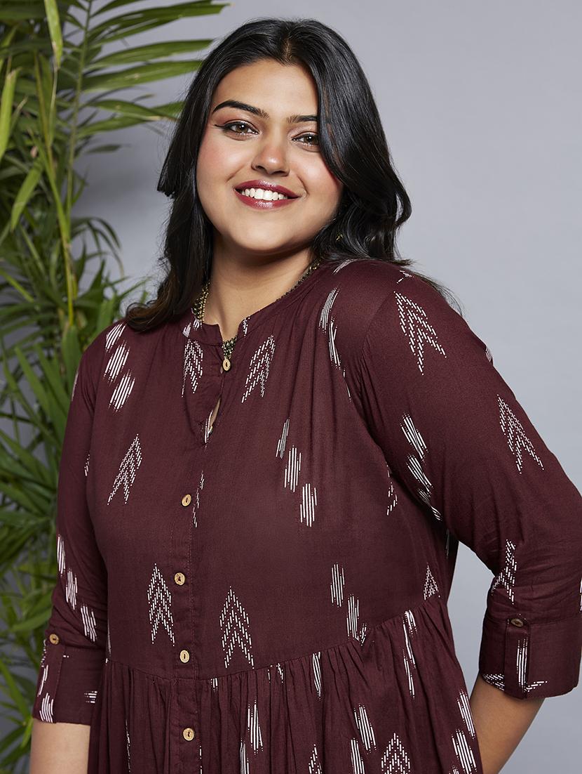 gloplus women maroon printed mandarin collar roll-up sleeves a-line midi plus size workwear dress - 21747125 - Standard Image - 3
