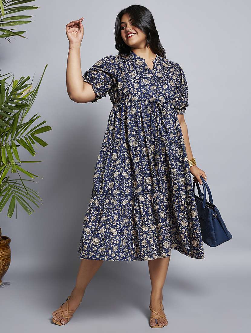gloplus women blue mandarin collar puff sleeves floral print waist tie-ups a-line midi plus size workwear dress - 21747130 -  Zoom Image - 0