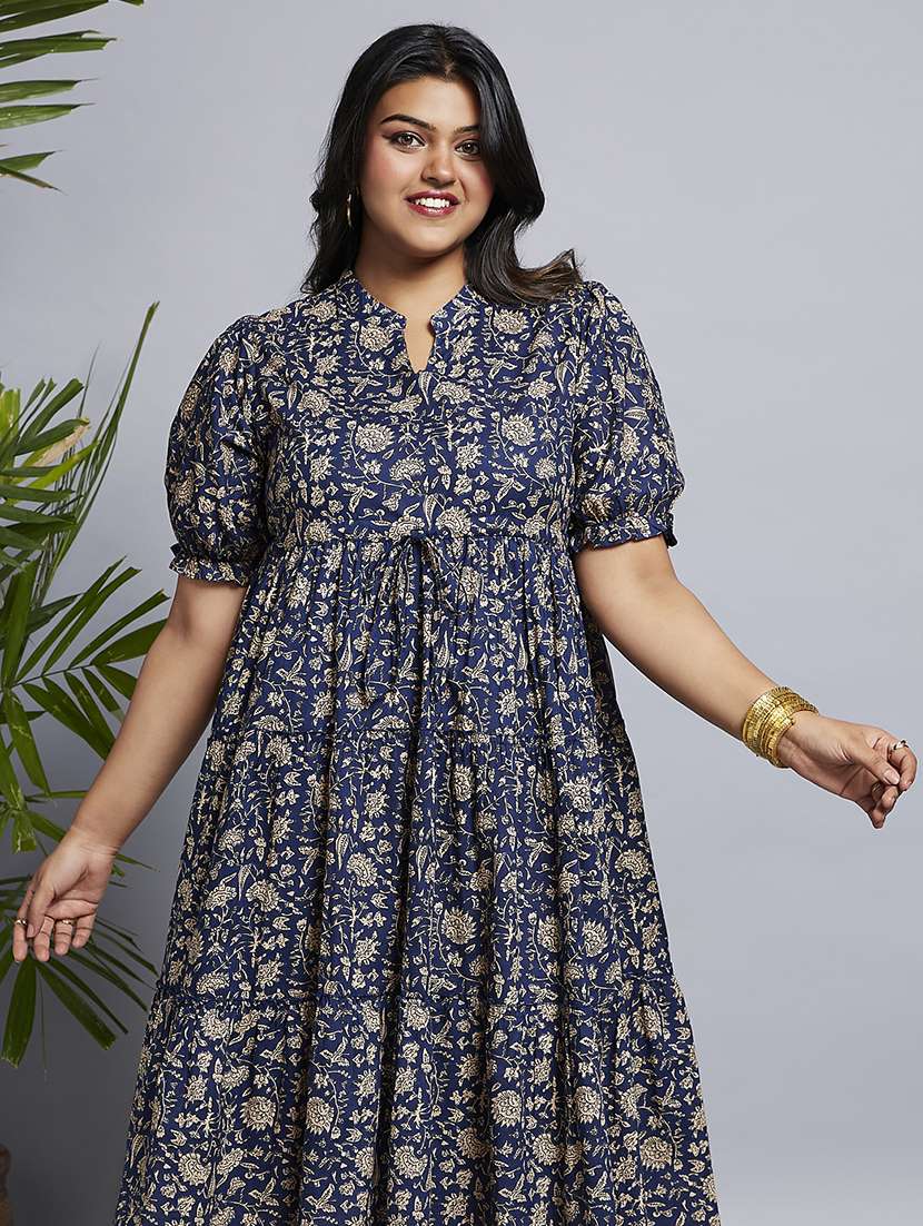 gloplus women blue mandarin collar puff sleeves floral print waist tie-ups a-line midi plus size workwear dress - 21747130 -  Standard Image - 3