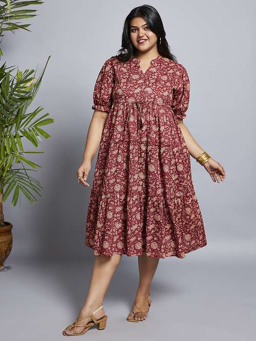 gloplus women maroon mandarin collar puff sleeves floral print waist tie-ups a-line midi plus size workwear dress - 21747131 - Standard Image - 0