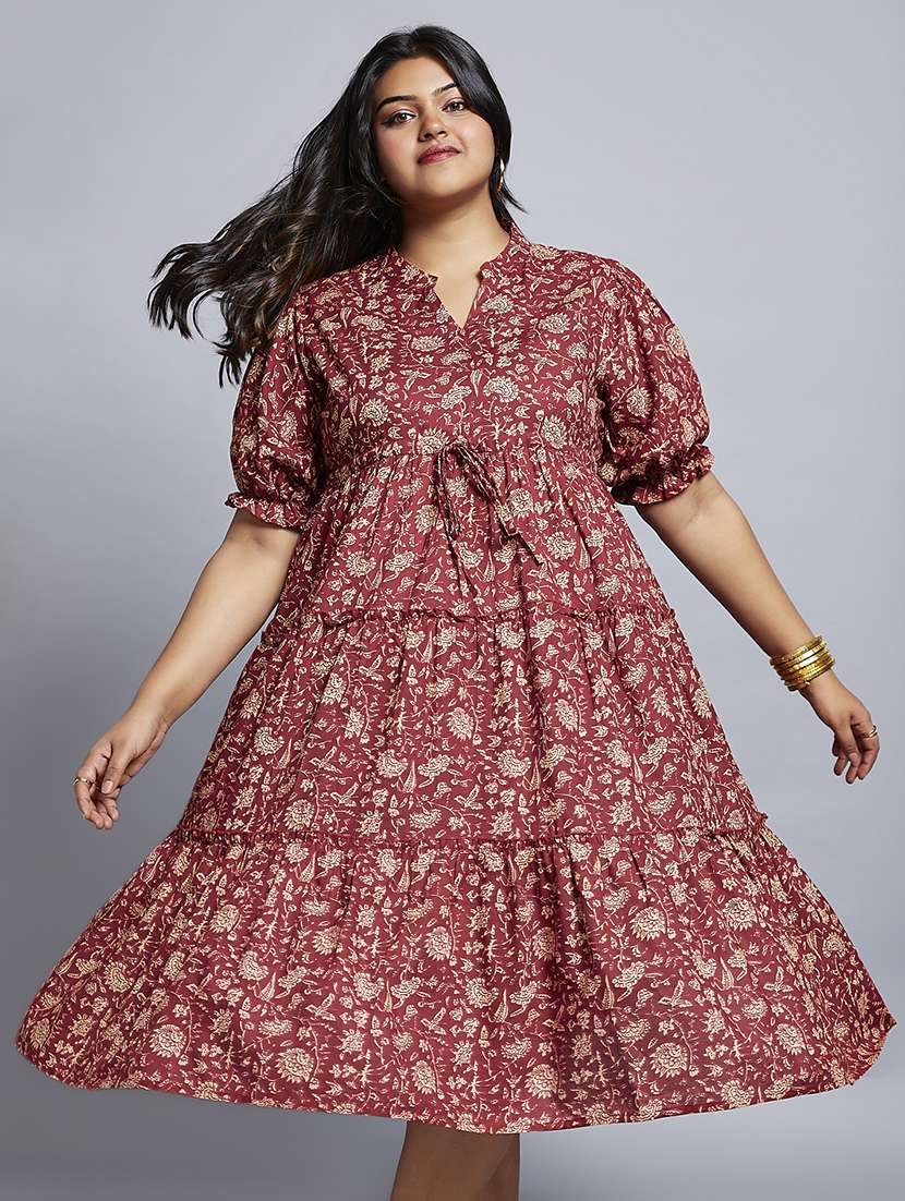 gloplus women maroon mandarin collar puff sleeves floral print waist tie-ups a-line midi plus size workwear dress - 21747131 - Standard Image - 3