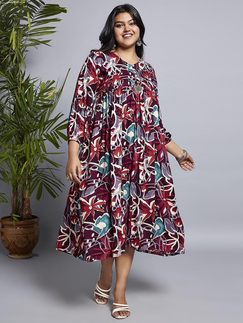 gloplus women wine v-neck floral print gathered a-line plus size midi fusion dress - 21747132 -  Zoom Image - 0