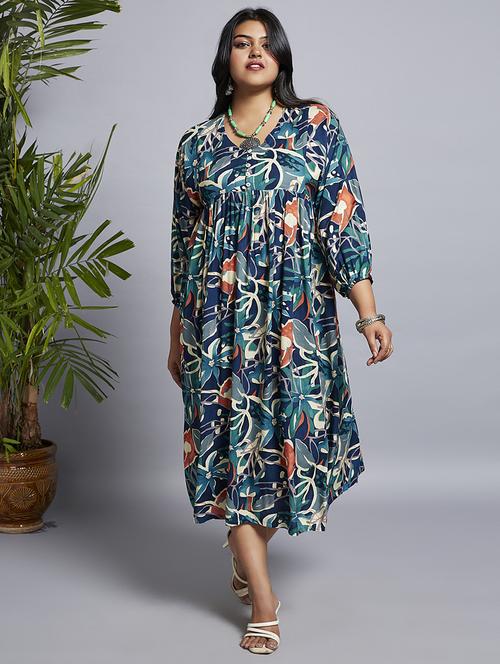 gloplus women navy blue v-neck floral print gathered a-line plus size midi fusion dress - 21747133 - Standard Image - 0