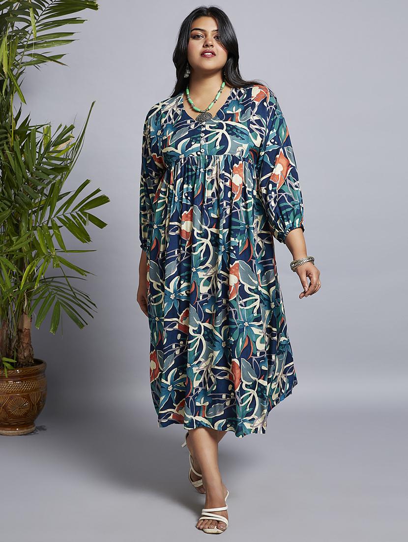 gloplus women navy blue v-neck floral print gathered a-line plus size midi fusion dress - 21747133 - Zoom Image - 0