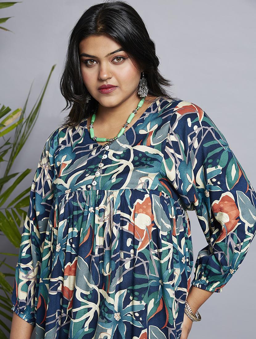 gloplus women navy blue v-neck floral print gathered a-line plus size midi fusion dress - 21747133 - Standard Image - 3