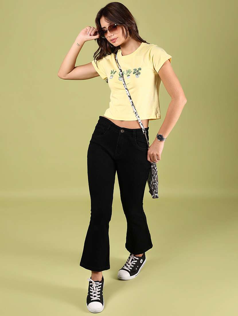 women yellow chest print round neck crop t-shirt - 21747462 -  Standard Image - 5