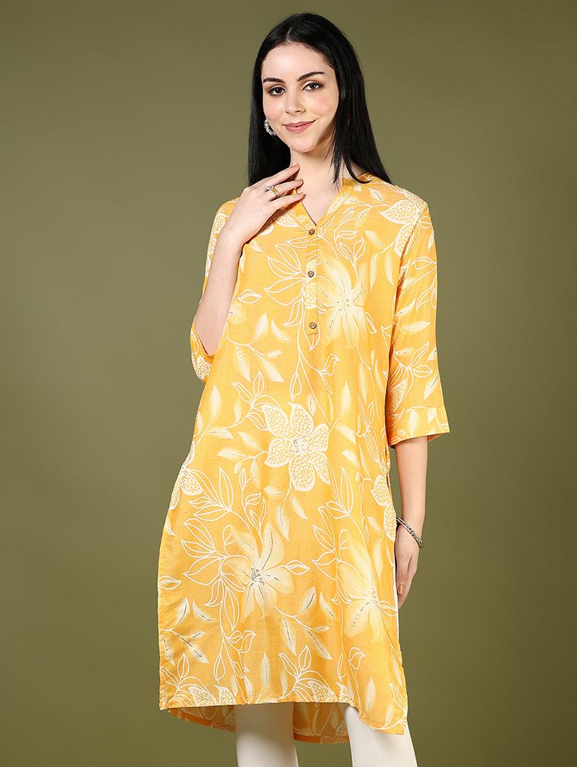 women yellow three quarter sleeve straight kurta - 21747470 - Zoom Image - 0