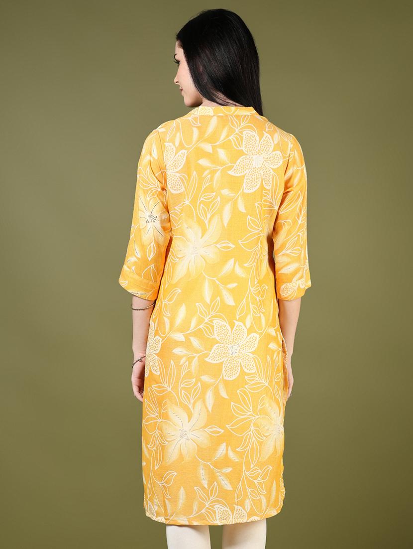 women yellow three quarter sleeve straight kurta - 21747470 - Standard Image - 3