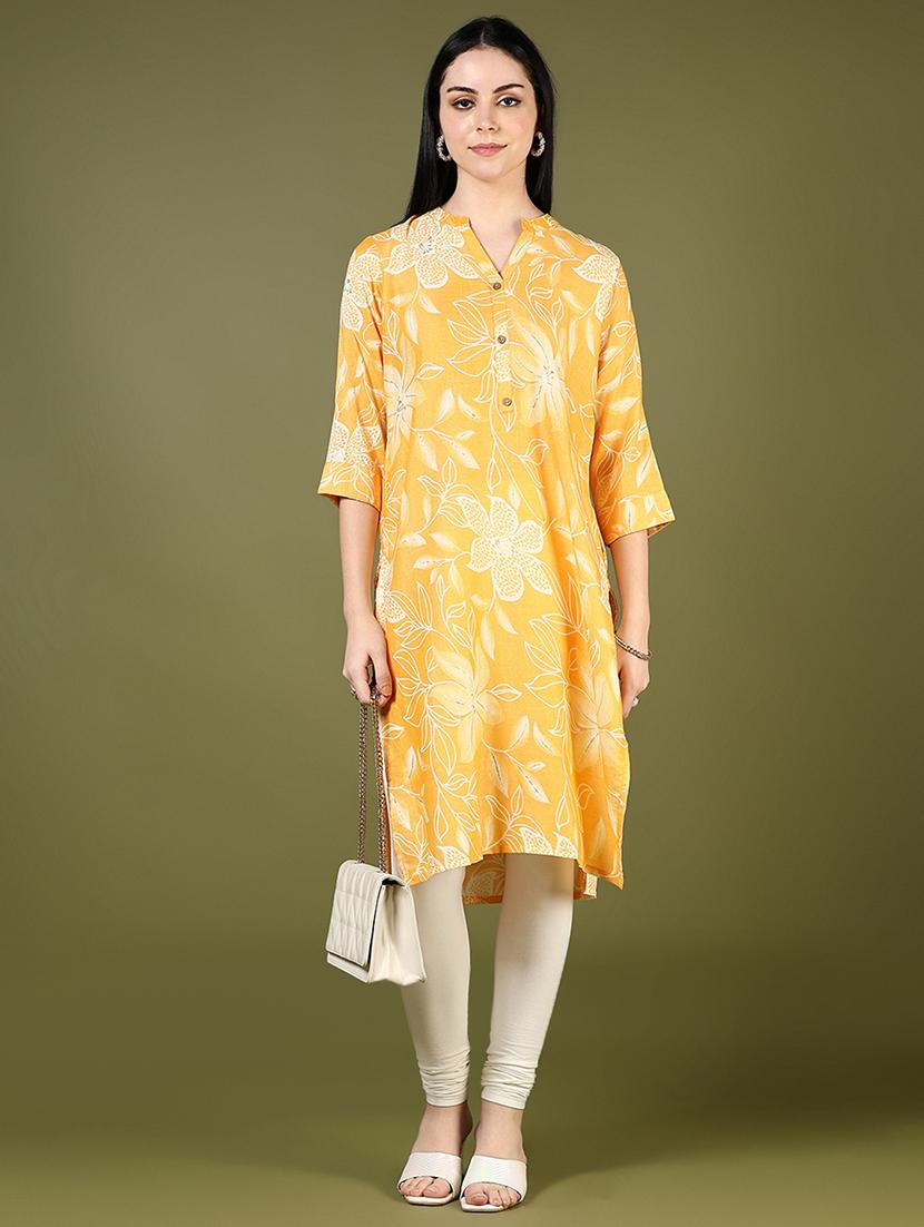 women yellow three quarter sleeve straight kurta - 21747470 - Standard Image - 5
