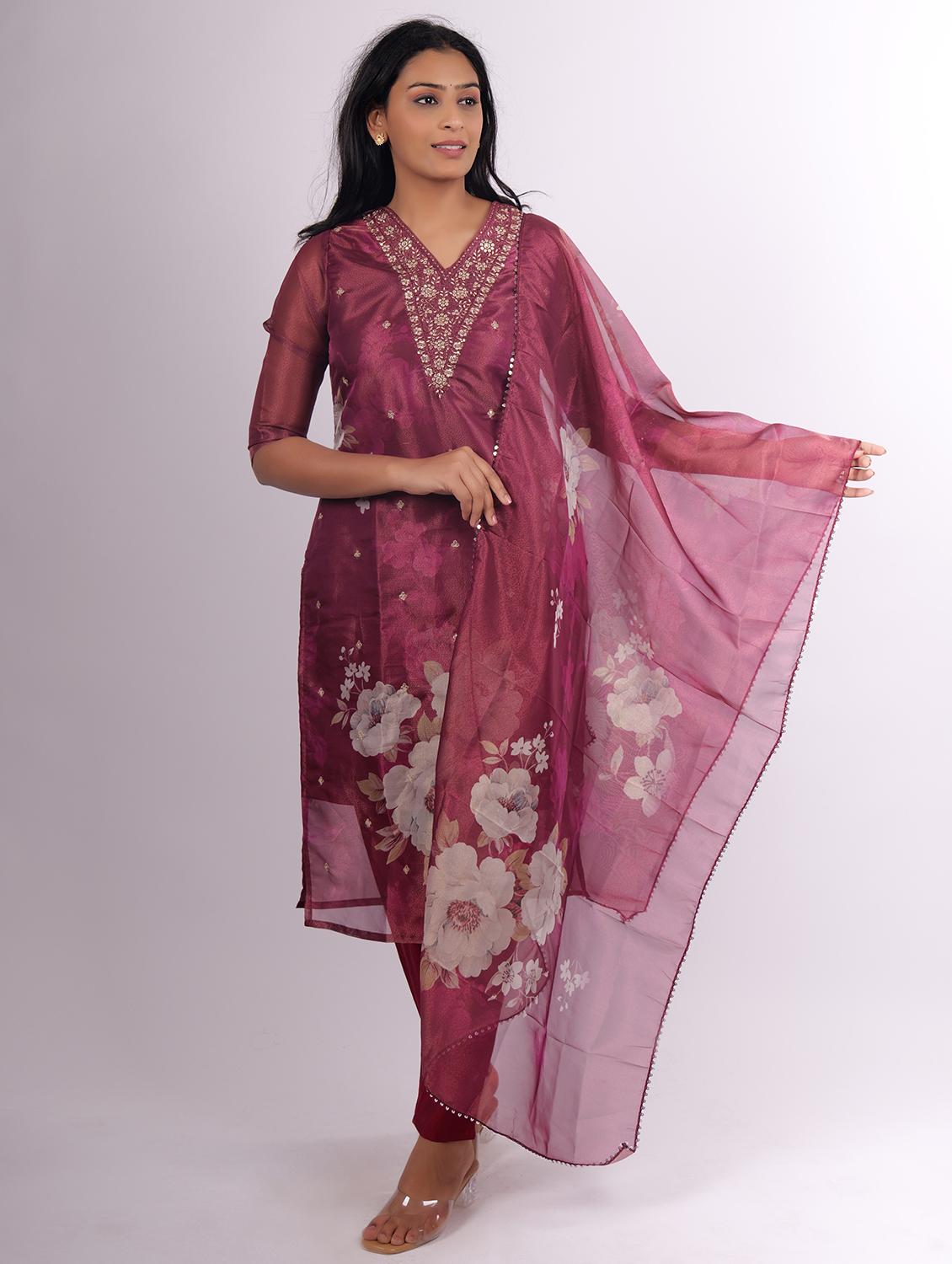 women printed kurta pant set with dupatta