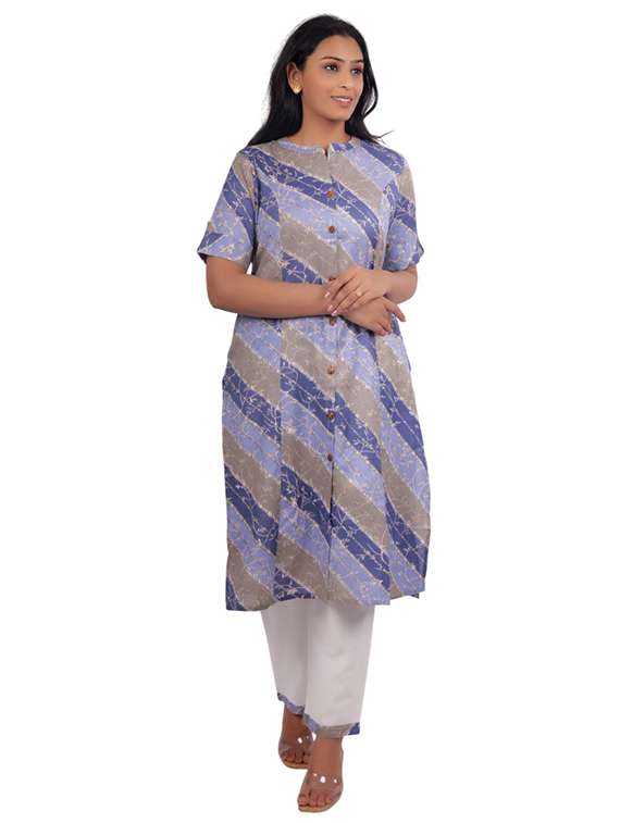 women printed roll up sleeve kurta pant set