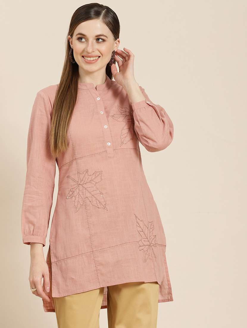 women mandarin neck embroidered high-low kurti - 21747758 - Zoom Image - 0
