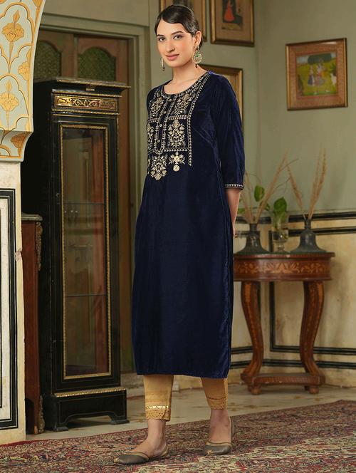 women round neck embroidered straight kurta - 21747762 - Standard Image - 0