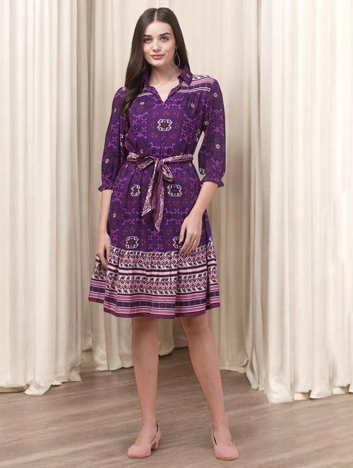 women printed puff sleeves fit & flare dress - 21747831 - Standard Image - 0
