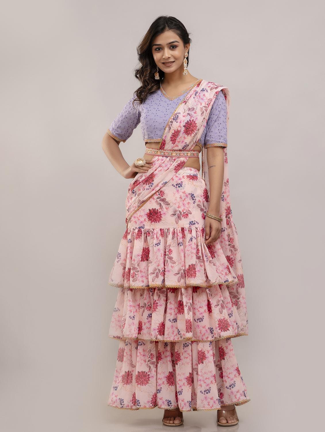 women floral printed ruffle party wear saree with blouse - 21747872 -  Zoom Image - 0