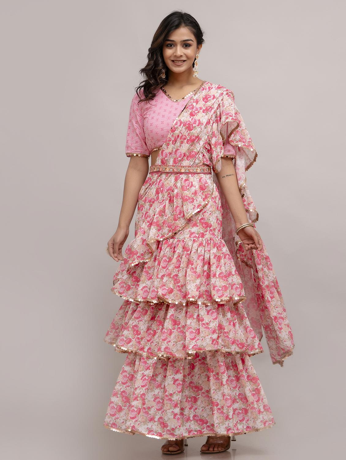 women floral printed ruffle party wear saree with blouse