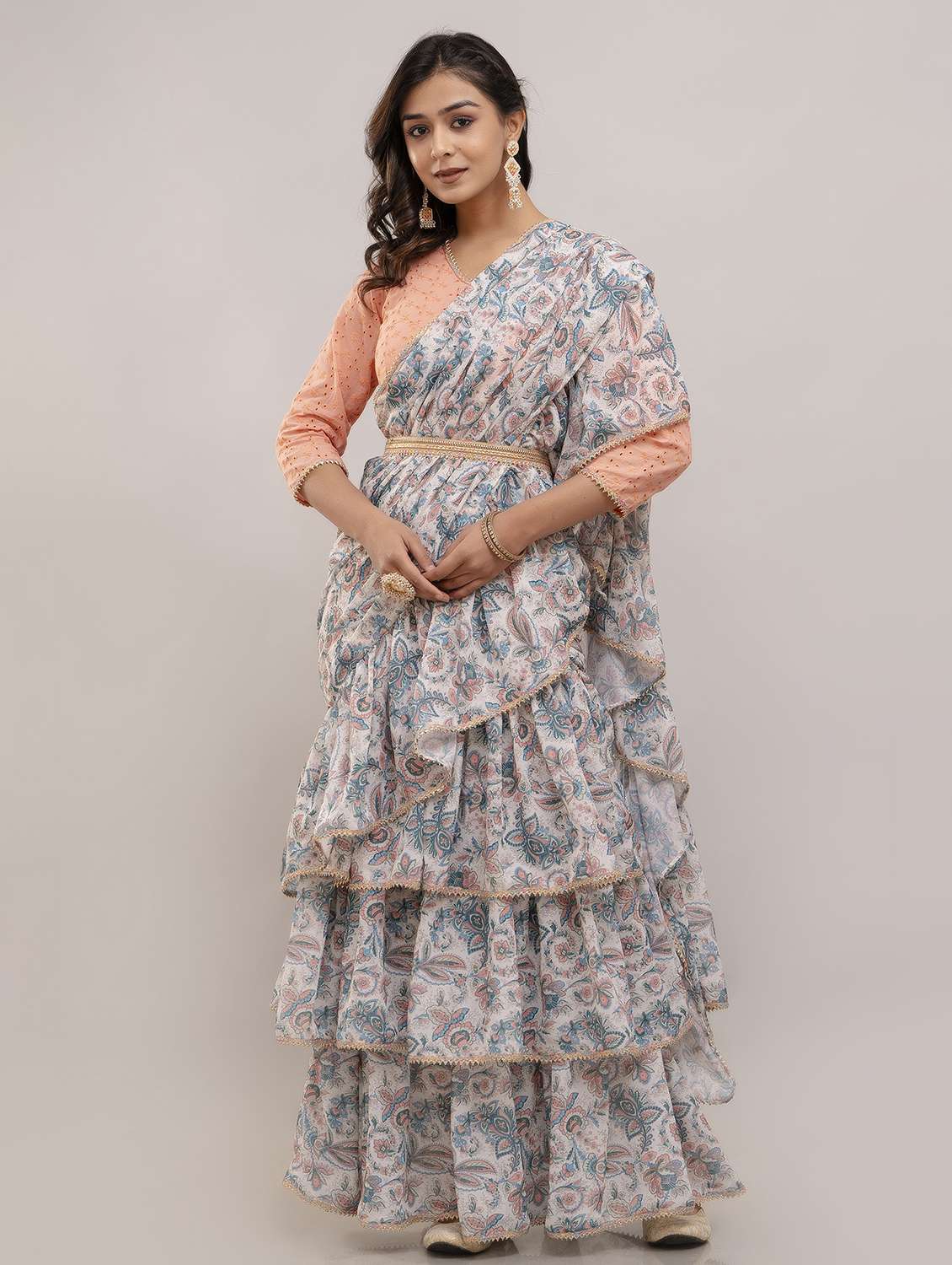 women floral printed ruffle party wear saree with blouse - 21747876 - Zoom Image - 0