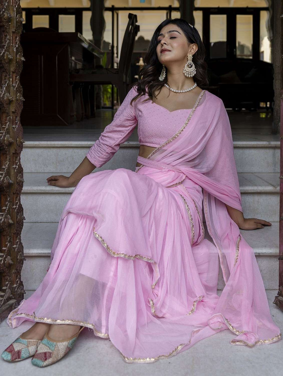 women pink solid ruffle party wear saree with blouse - 21747877 -  Standard Image - 3