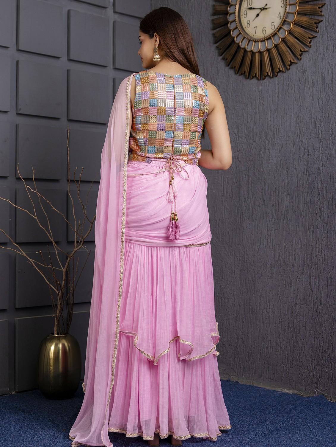 women pink solid ruffle party wear saree with blouse - 21747878 - Standard Image - 3
