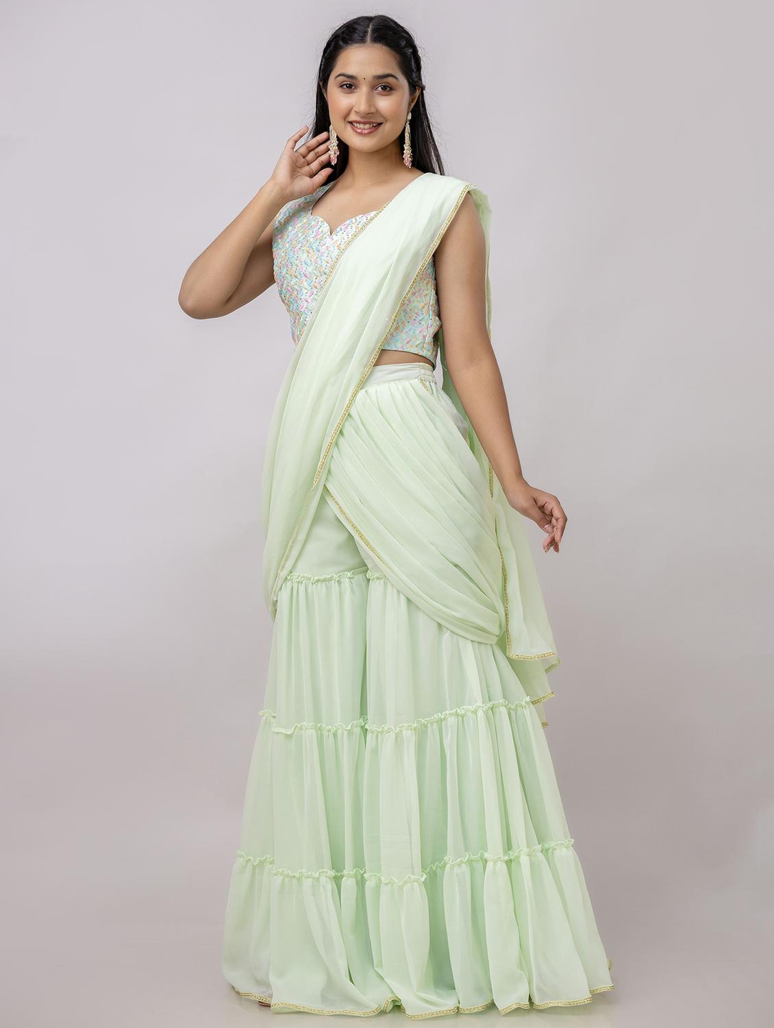 women neo mint solid ruffle party wear saree with blouse - 21747879 -  Zoom Image - 0